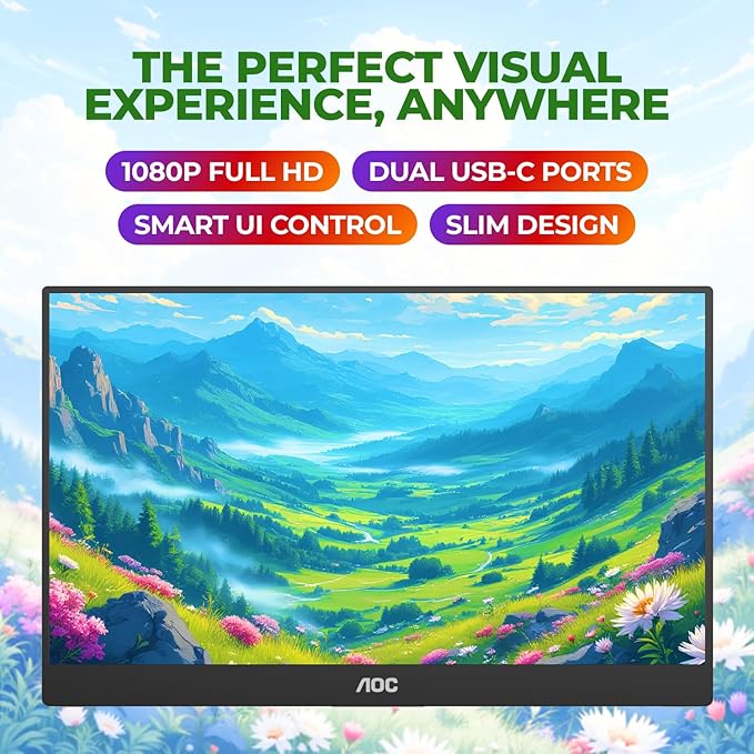 AOC 16T20 Portable Monitor 15.6" FHD 1080p IPS Display, USB-C Portable Laptop Screen, Mini HDMI, Built-in Speakers, Travel Monitor with Smart Cover, Compatible with Laptops, MacBook, PS5, Xbox