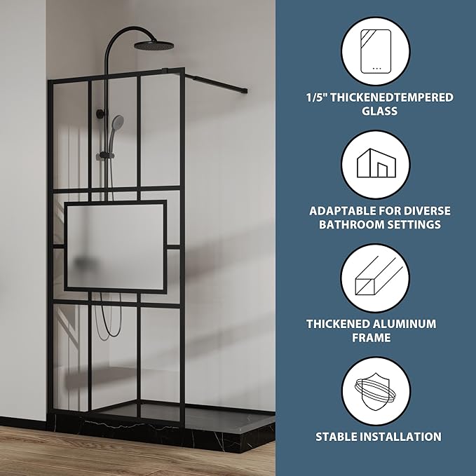 Goodyo 34” X 72” Glass Shower Door Fixed Framed Shower Screen Tempered Glass Panel for Walk-in Shower Room, Grid Pattern, Middle Frosted Glass, 3-Pieces Glass, Matte Black Finish