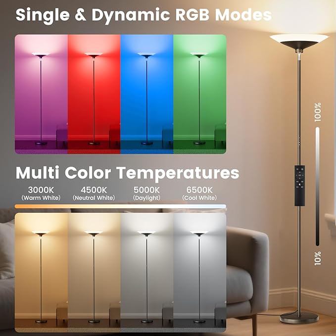 SIBRILLE RGB Torchiere Floor Lamp - 30W Dimmable LED Standing Lamp with Remote, Multi Color Changing, 72in Tall Corner Light, Bright Standing Pole Light for Office Living Room Bedroom Basement, Black