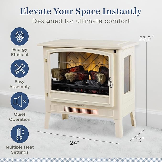Country Living Infrared Freestanding Electric Fireplace Stove Heater in Cream | Multiple Flame Colors, Metal Design with Faux Wooden Logs | Alexa/WiFi Enabled - Remote Included