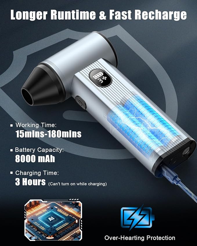 Compressed Air Duster with150,000RPM Brushless Motor, 8000mAh Battery, LED Light, 4-Gear Adjustable Electric Air Blower for Home, Car, Computer, Outdoor, Camera Len