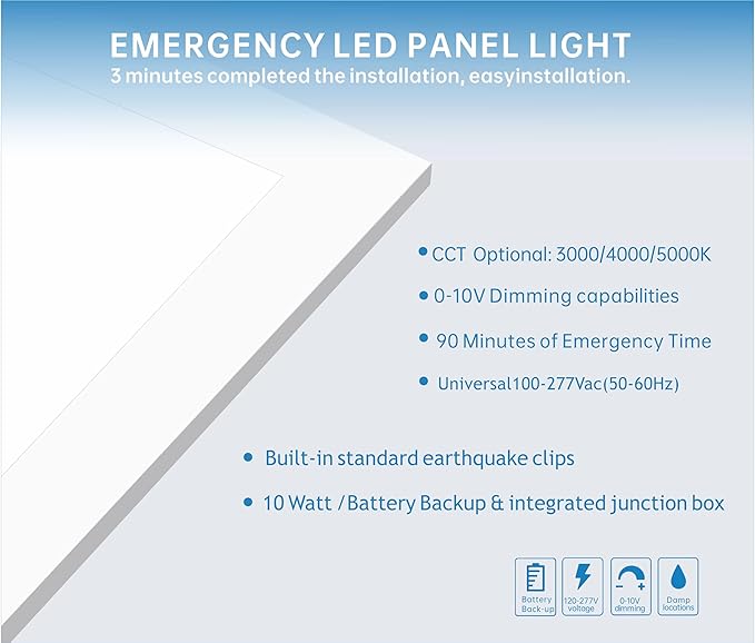 2X2 LED Flat Panel Light Emergency Battery Backup, 40W-3000K/4000K/5000K, 0-10V Dimmable, 4390 Lumens, LED Drop Ceiling Light, 100-277V, DLC and UL Listed, Ultra Thin Back-Lit (1 Pack)