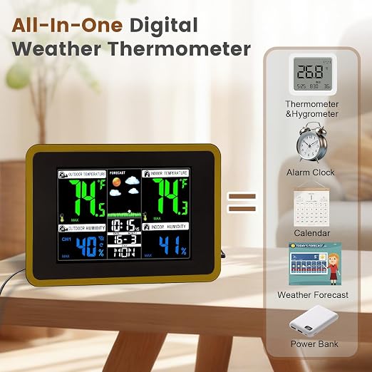Weather Stations Wireless Indoor Outdoor Thermometer, Color Display Digital - Image 2