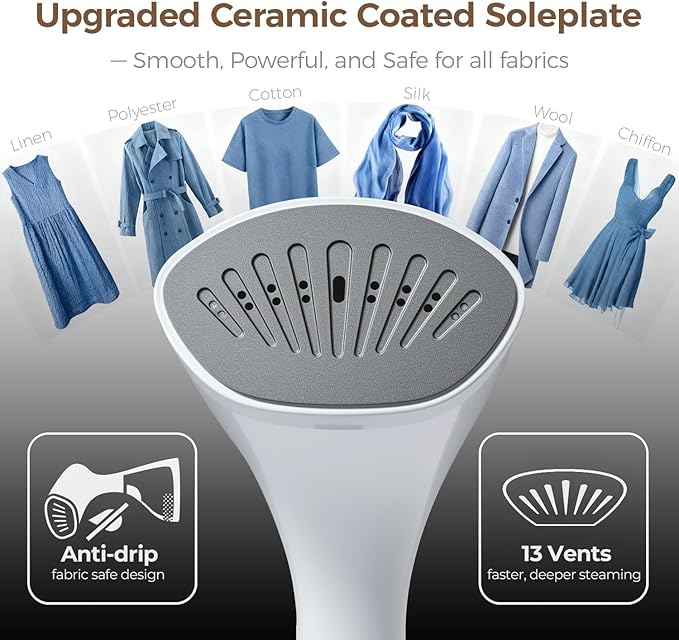 Mafilise Steamer for Clothes, 20S Heat Up, 1500W & 3 Steam Settings, Ceramic Soleplate with 13-Vent, 2-in-1 Clothing Iron Wrinkle Removal for All Fabrics, Portable & Travel-Ready