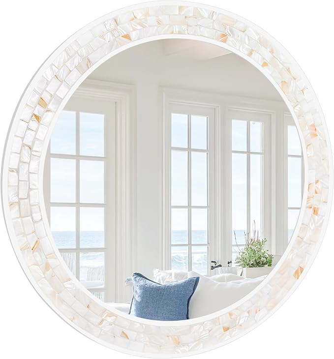 Tanmicoshomy 36 Inch Large Round Mirror, Natural Shell Inlay Framed Large Circle Mirrors with Shatterproof Glass for Bathroom Bedroom Living Room or Entryway (White)