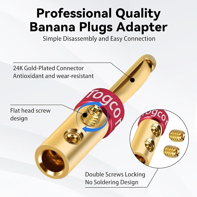 4mm Speaker Banana Plugs (2Pairs, 4 Pcs),24K Gold Plated Banana Speaker Wire Banana Plugs Connectors for Speaker Wire, Wall Plate, Home Theater, Audio/Video Receiver, Amplifiers and Sound Systems