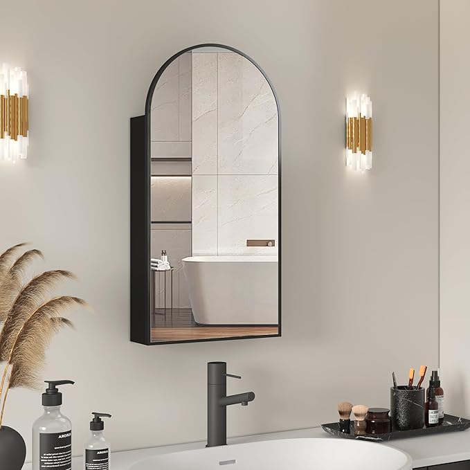 16 x 32 Black Bathroom Medicine Cabinet with Mirror,Arched Medicine Cabinet with Mirror,Assembly Required,Bathroom Mirror with Storage,Wall Mounted Medicine Cabinets with Adjustable Shelves
