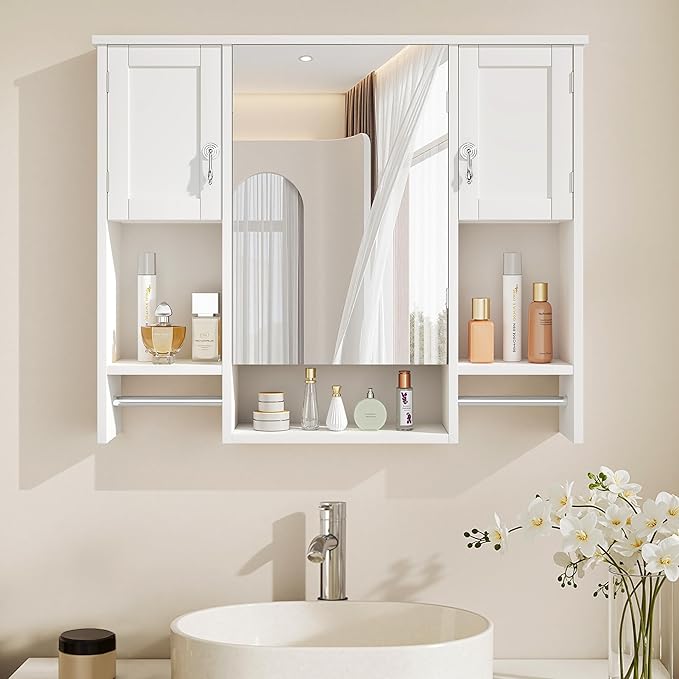 VECELO Bathroom Wall Cabinet with Mirror, Wall Mounted Medicine Cabinet with Open Shelves, 2 Towels Bars for Bathroom Laundry Room Kitchen