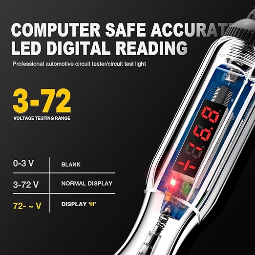 WINAMOO Upgraded 3-72V LED Digital Automotive Circuit Tester, DC Voltage Test Light with Voltmeter & Polarity Indicator Light, Vehicle Circuits Low Voltage Light Tester Pen with Sharp Stainless Probe