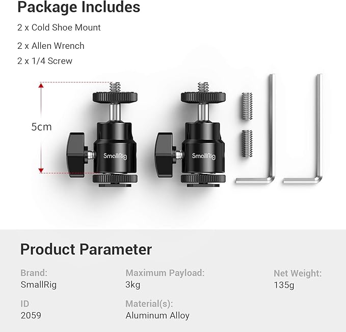 SmallRig 1/4" Camera Hot Shoe Mount, Ballhead Tripod with Additional 1/4" Screw, 2pcs Pack - 2059