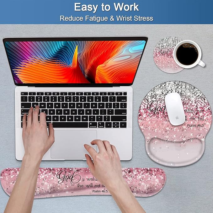Keyboard Wrist Rest and Mouse Pad Wrist Support Set with Coasters, Non-Slip PU Base Ergonomic Gaming Mousepad for Home Office Working Studying Easy Typing & Pain Relief, Quote Bible Verses Psalm 46:5