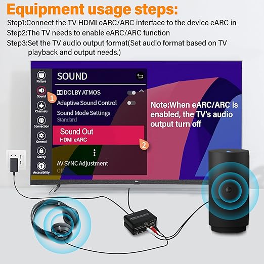 Wilxisum HDMI Earc/Arc Audio Extractor/Adapter, HDMI Earc/Arc to RCA R/L, Optical, 3.5mm Audio Converter
