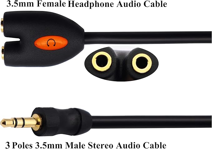 zdyCGTime 3.5mm Headphone Y Splitter Cable 3-Pole 3.5mm AUX Male to 2 Port 3.5mm Female Audio Stereo Y Splitter Cable for Headset Splitter Adapter, for Smartphone, Tablets, MP3, MP4(17.5CM) (3Pole)