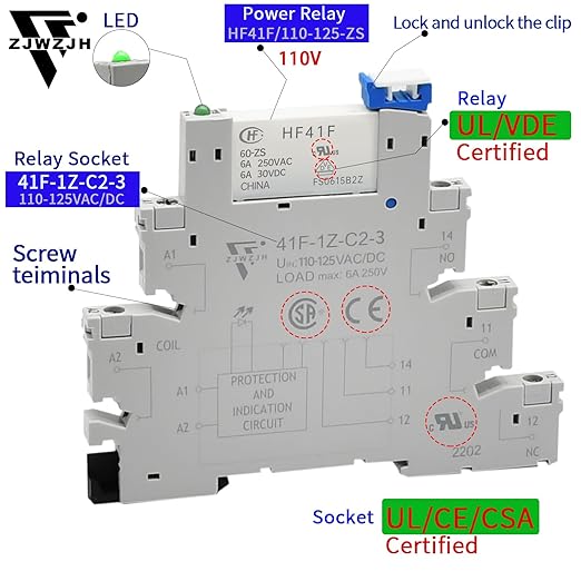 Electromechanical Relay Miniature Power Relay 110V/ 120V AC/DC HF41F/60-ZS 1NO 1NC 6A SPDT with LED Indicator, Socket Base, DIN Rail Slotted 3Pcs UL Certification
