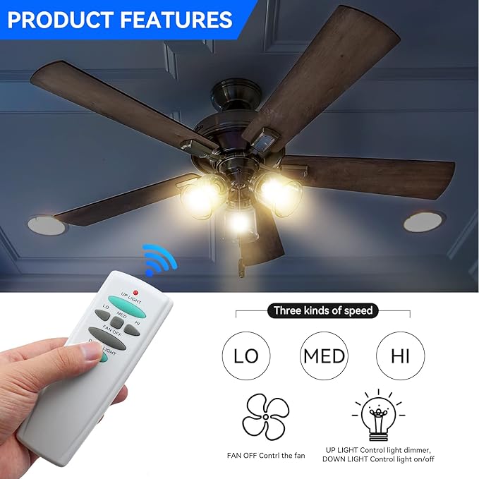 Ceiling Fan Remote Control with Up and Down Light,Replacement for Hampton Bay UC7078T L3H2010FANHD Fan-HD Fan-HD5,3-Speed and Light Dimmer (Remote Only)