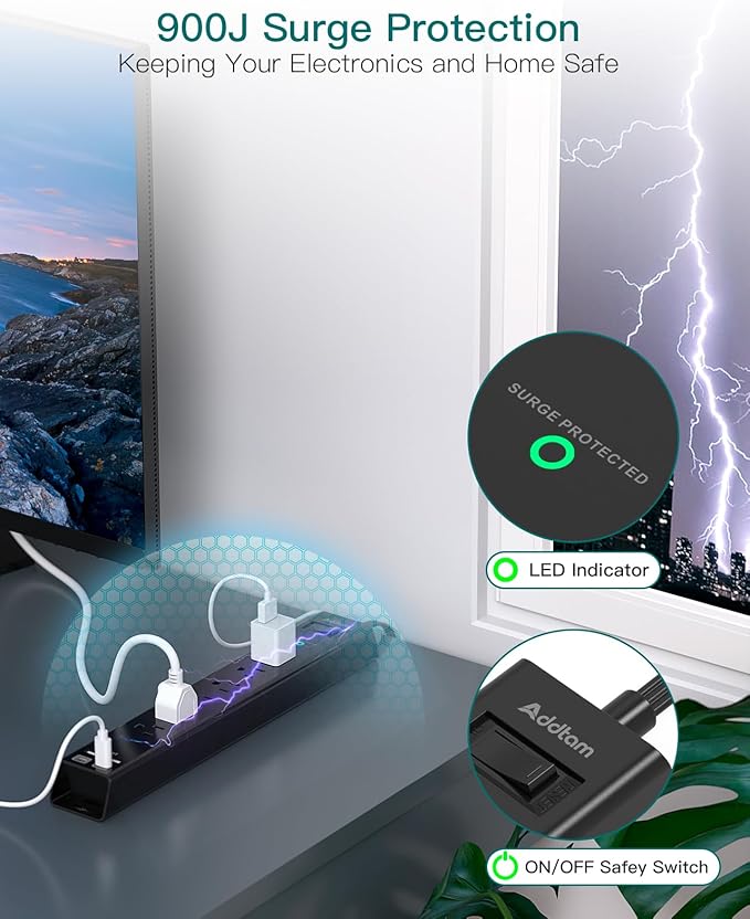 6Ft Power Strip Surge Protector - Addtam Extension Cord with 6 AC Outlets and 4 USB (2 USB-C) Ports, 1875W/15A, Wall Mount, Multi Plug Outlet Extender for Home Office College Dorm Room Essentials