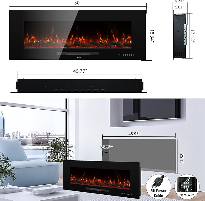 50" Electric Fireplace, Recessed & Wall Mounted Fireplace Heater 13 * 13 Colors Flame &Fuel Bed w/5 Dimmer, Touchscreen &Remote Control Temp, Overheating Protect, Hardwired, 1500W, Black