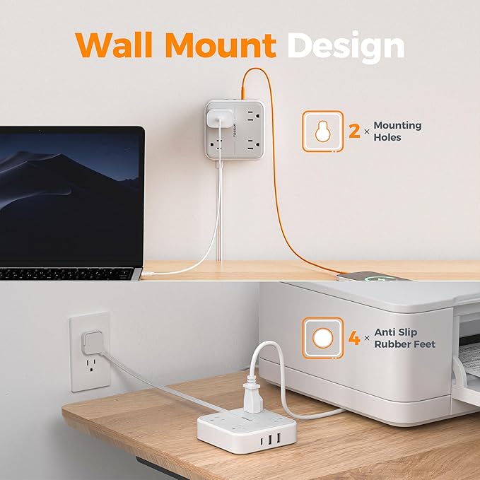 TESSAN Short Extension Cord, 1 Ft Ring Pull Surge Protector Power Strip with Multiple Outlets, 3 USB (1 USB C) 4 Outlets, 900J Surge Protection, Desktop Charging Station for Home, Office, Dorm Room