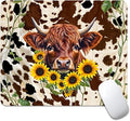 Western Highland Cow Sunflowers and Cowhide Brown Square Mouse pad, Texture, Waterproof, Anti Slip Rubber Base, Computer Mouse pad