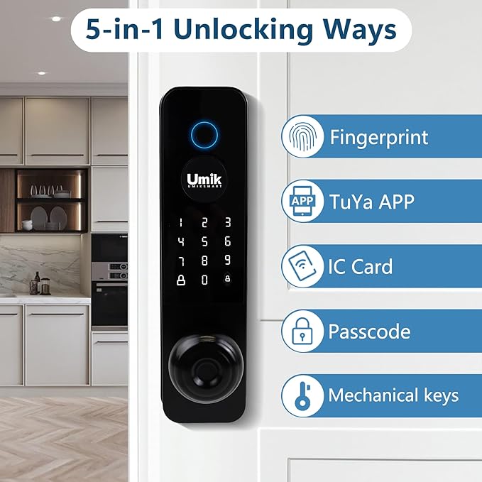 UMIK UMIKSMART Smart Door Lock, Keyless Entry Fingerprint Door Lock with Knob, Electronic Smart Door Knob with Digital Keypad, App Remote Control, WiFi Smart Deadbolt Lock for Front Door, Matte Black