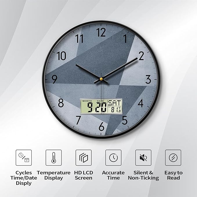SCAOGE Industrial Wall Clock with Day Week Temperature Grayish Blue Non-Ticking Digital Clocks Large Display Battery Operated Wall Mount Analog Clock with Date for Living Room Bedroom Decor 14 Inch