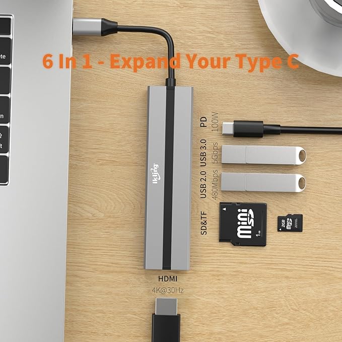 ikling USB c Hub, 6-in-1 with 4K HDMI, 60W PD, 2 USB-A Data Ports and SD/TF Card Reader, USB C Hub Multiport Adapter for MacBook Pro/Air, iPad Pro, iMac, Surface, Thinkpad, Galaxy, and More
