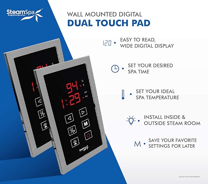 SteamSpa 12kW Steam Sauna Generator Executive Bundle 240V Steam Generator with Touch Pad, Steamheads, Pressure Relief Valve, Built-in Auto Drain, LED Light, Filter and Quick Install Kit EXT1200BN-A