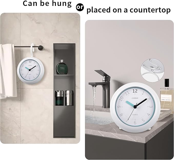 OSTAR Waterproof Bathroom Shower Clock, Analog Quartz Clock Hanging Stand Dual Purpose, One AA Battery Operated 4.72 inch Round Size