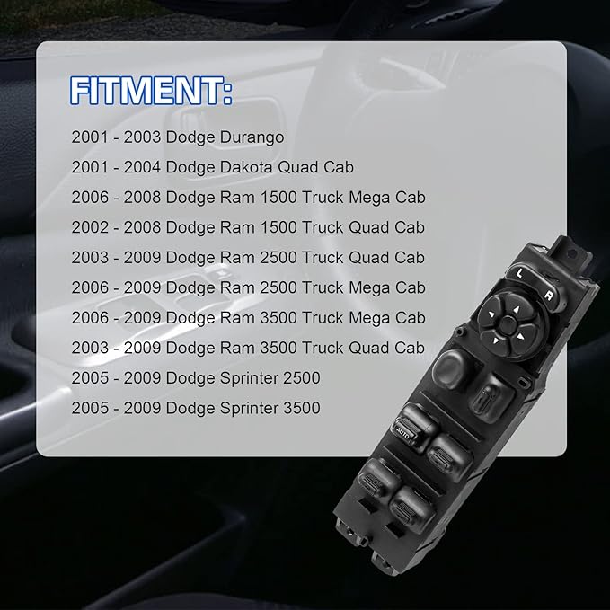 LCWRGS Master Power Window Switch Fits for 2002-2010 Dodge Ram 1500 2500 3500, 2001-2004 Dakota, 2001-2003 Durango, 2005-2009 Sprinter 2500/3500, 56049805AB