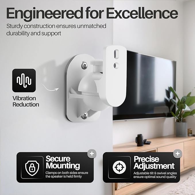 TNP Universal Satellite Speaker Wall Mount Bracket Ceiling Mount Clamp with Adjustable Swivel and Tilt Angle Rotation for Home Theater Surround Sound System Satellite Speakers - 6 Pack, White