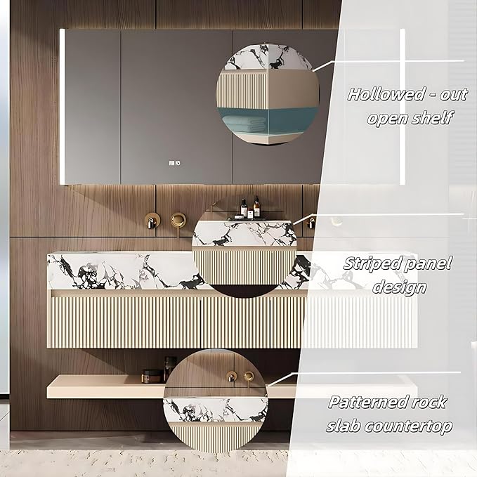 Fashionable Bathroom Vanity with Sink, Smart One-Click Defogging & LED Light, Bathroom Sink and Cabinet with Wave Striped Panel, Rockslab Countertop (Mirror Cabinet, 52IN)