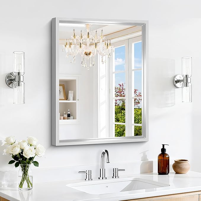 18x24 Silver Bathroom Mirror, Brushed Silver Rectangular Mirror for Wall, 0.6" Thickened Deep Frame Mirrors for Bathroom Sink, Shatterproof Tempered Glass, Antirust, Horizontally or Vertically