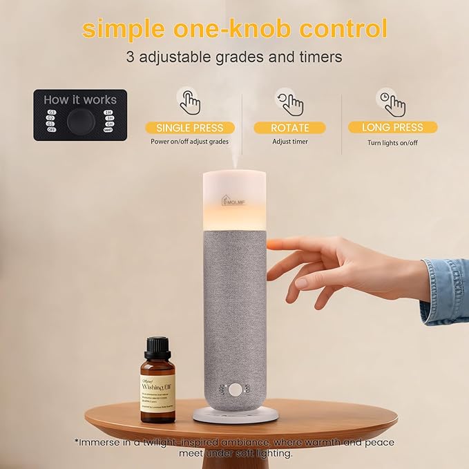 Hotel Collection Diffuser Machine,Fabric-Wrapped Design,Candlelight Atmosphere Lamp,Whisper-Quiet,1000 Sq Ft,Scent Waterless Essential Oil Diffuser,Scent Air Machine Home - Grey