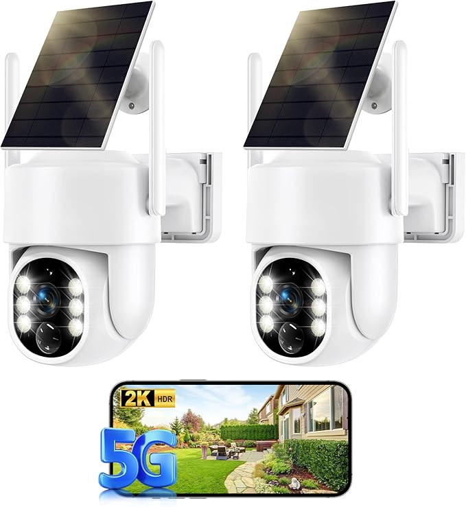 Noaheye Solar Security Cameras Wireless Outdoor, 5G&2.4GHz Cameras for Home Security, 2K Solar Outdoor Camera, Color Night Vision, AI Human Detection, 2-Way Talk, Siren Alarms (2-Pack)