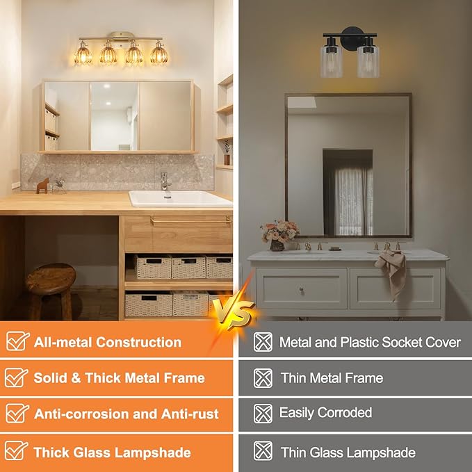 Shenmoyl Bathroom Light Fixtures, 4-Light Brass Vanity Wall Light Over Mirror with Amber Tulip Glass Shade for Bedroom Living Room (Bulb Not Included)