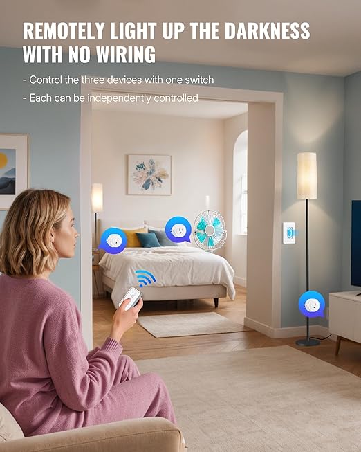 Remote Control Outlet, WILAWELS Wireless Light Switch with Removable Base, On Off Remote Outlet Switch for Light, Lamp, Appliance, 100ft RF Range, 10A/1250W, Expandable, 1 Remote for 3 Plugs W14RC1306