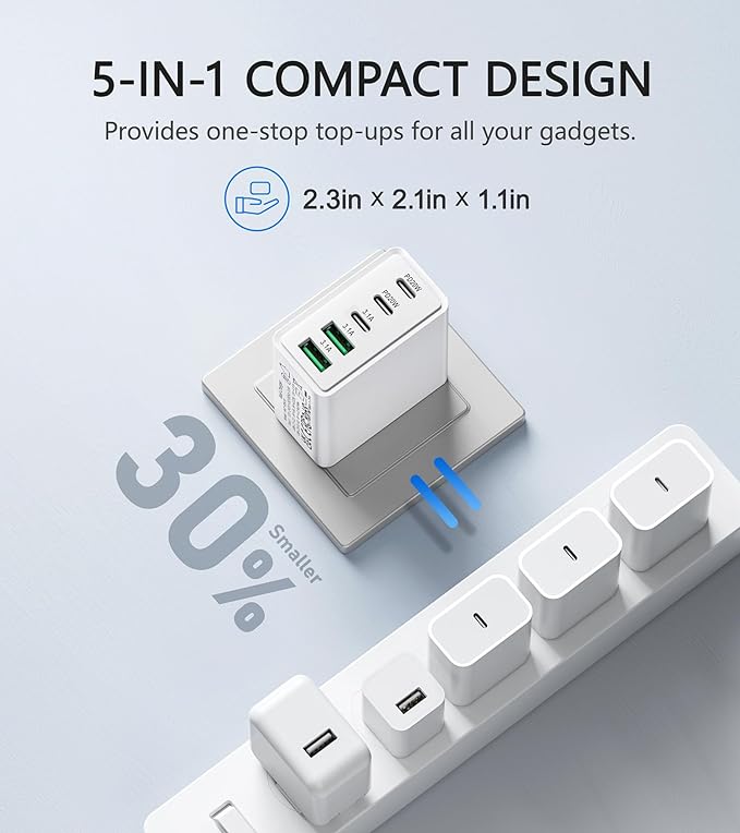 2Pack USB C Fast Charger Block,60W 5-Port USB Wall Charger Brick,2 USB A & 3 USB C PD3.0 Power Adapter Multiport Type C Charging Plug for iPhone 17/16/15/14,Pad Mini/Pro,AirPods 4,GalaxyS25(White)