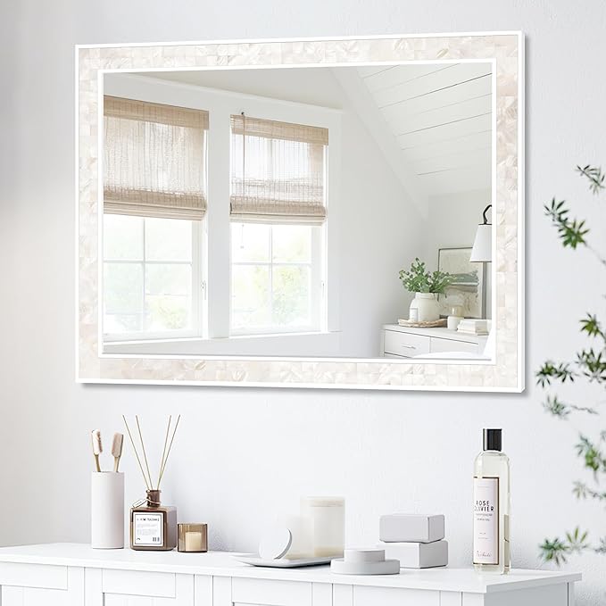 Tanmicoshomy White Shell Framed Rectangular Mirrors for Bathroom, 30x40 Inch Mirrors with Tempered Glass for Bedroom Living Room or Entryway, Wall Mounted Horizontal or Vertical Hanging