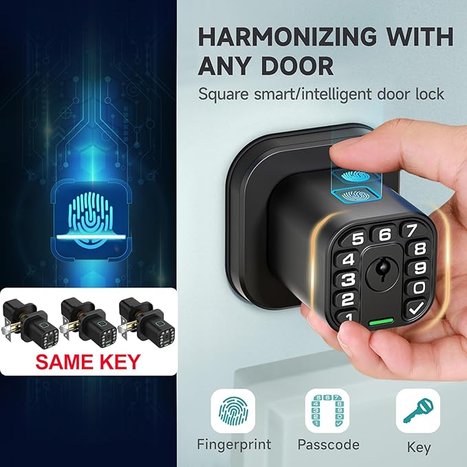 Richelock Fingerprint Door knob, Smart Biometric Door Lock with Keypad, Keyless Entry Code Door Knob, Waterproof & Weatherproof, Auto Lock,Voice Navigation, for Bedroom, Gate,Office