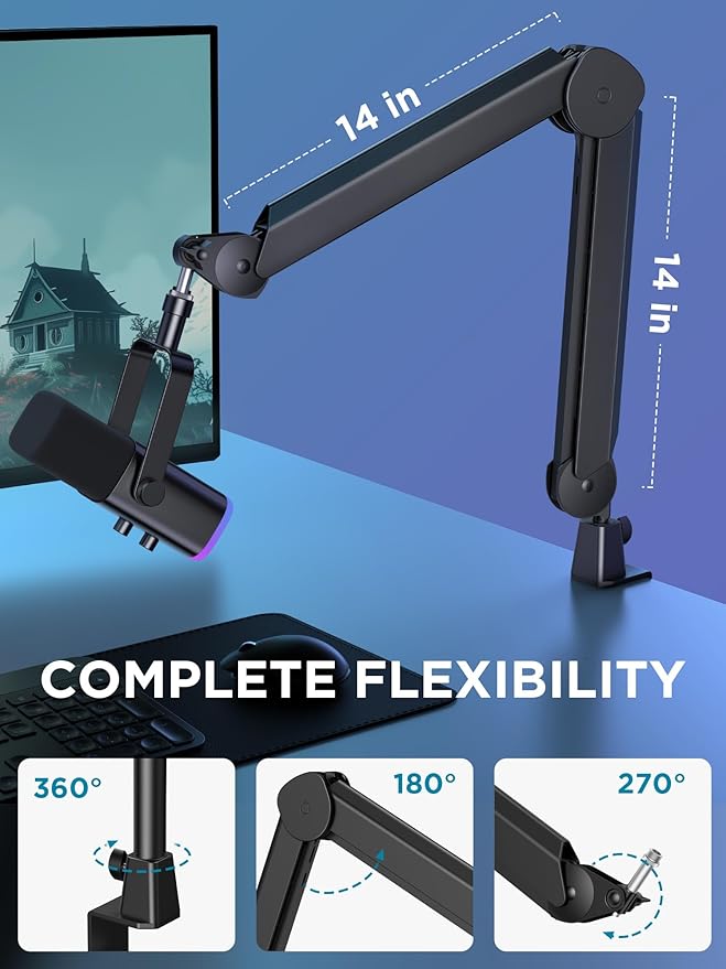 InnoGear Mic Boom Arm, Microphone Stand with Cable Management Channels Height Riser for Blue Yeti FIFINE AM8 K669B HyperX QuadCast S SoloCast AT2020 Shure SM7B MV7 and Other Mics