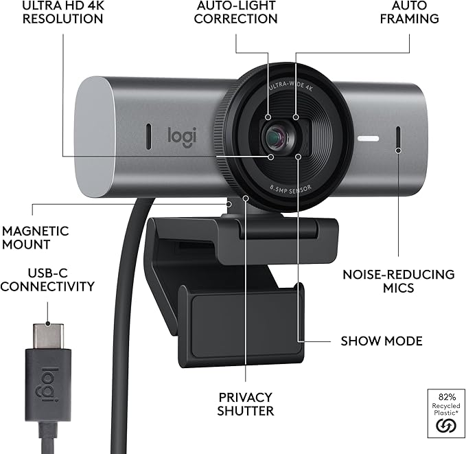Logitech MX Brio Ultra HD 4K Collaboration, Streaming Webcam, 1080p at 60 FPS, Show Mode, Works with Microsoft Teams, Zoom, Google Meet, Nintendo Switch 2 New GameChat Mode - Graphite