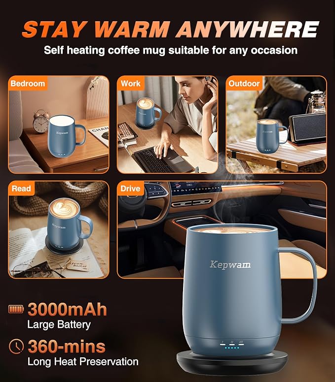 Kepwam Self Heating Coffee Mug T2, 16oz Smart Heated Coffee Mug, 150 Min Battery Life - Hot up to 149℉ Temperature Control Coffee Mug Warmer, Gifts for Dad Mom (No APP)