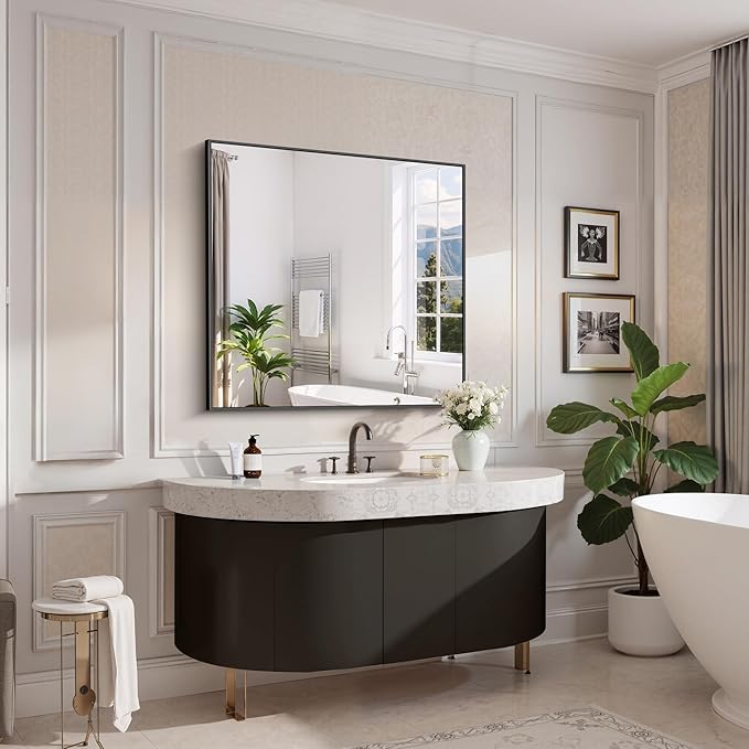 Black Bathroom Mirror for Wall, 39x39 Inch Rectangle Mirror with Metal Frame, Square Modern Vanity Mirrors for Bathroom Living Room, Entryway Hangs Horizontal or Vertical