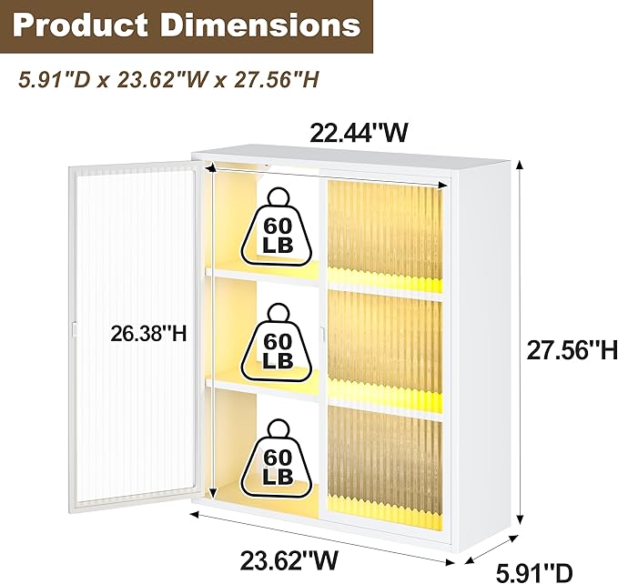 Bathroom Wall Cabinet Over Toilet, Metal Laundry Room Cabinets Wall Mounted, Metal Medicine Cabinets with Glass Doors, Hanging Wall Cabinets for Living Room, White