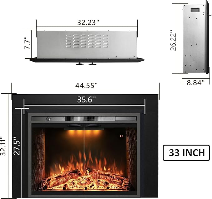 Velaychimny 44.5" W x 32" H Electric Fireplace Insert with Metal Trim Kit, Adjustable Flame, Fire Crackling Sound, Top Light Colors, Timer, Glass Door & Mesh Screen, Black