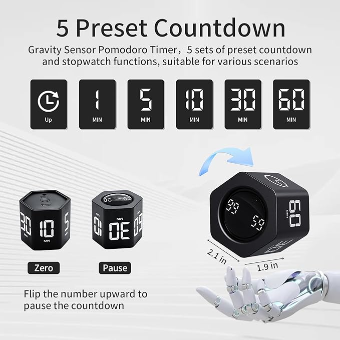 Productivity Timer Flip Gravity Sensor Cube Timer Countdown & Countup,Mute & Vibrate & Sound，5/10/30/60min & Custom Timing, Perfect for ADHD,Work,Learning,Kitchen Cooking (2, Black Hexagon)