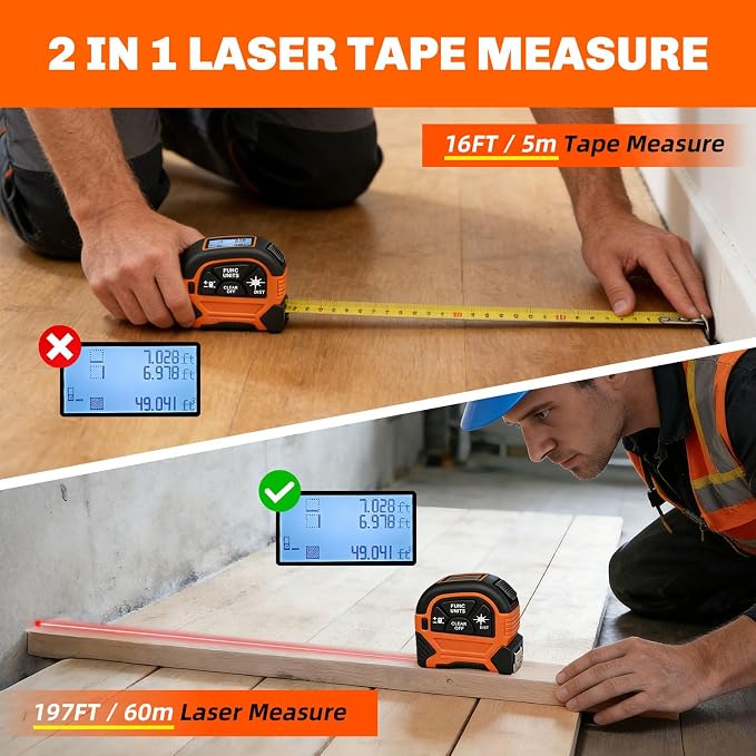 2-in-1 Laser Tape Measure, 197Ft Laser Measuring Tool & 16Ft Measuring Tape - Image 2