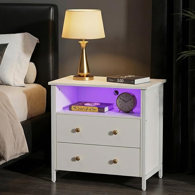 Tykacna 27 Inch Wide Night Stand, Large Wood Night Stand Set 2 with 2 Drawers, LED Nightstand with Charging Station and Adjustable Drawer, Bedside Table for Living Room/Bedroom/Study/Office, White.