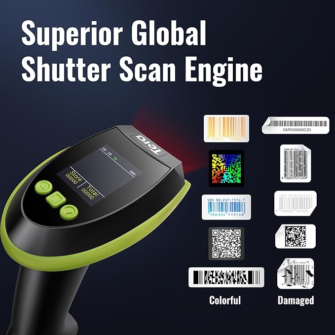 Tera Barcode Scanner Wireless with Screen: Pro Version 1D 2D QR with Setting Keypad Charging Cradle Works with Bluetooth 2.4G Wireless USB Wired Handheld Bar Code Reader HW0009 Green