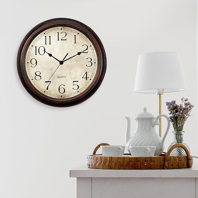 KECYET 14 Inch Wall Clocks Battery Operated Silent Non-Ticking Analog Wall Clock Vintage Retro Rustic Style Decorative for Living Room Kitchen Home Office(Bronze)